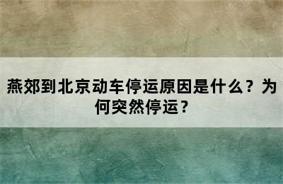 燕郊到北京动车停运原因是什么？为何突然停运？