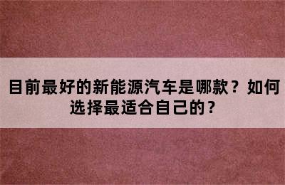 目前最好的新能源汽车是哪款？如何选择最适合自己的？